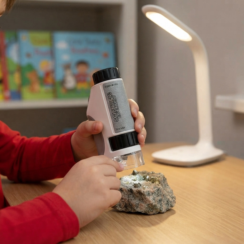 Kids Handheld Mini Microscope, 50X-300X Portable Optical Microscope with LED/UV