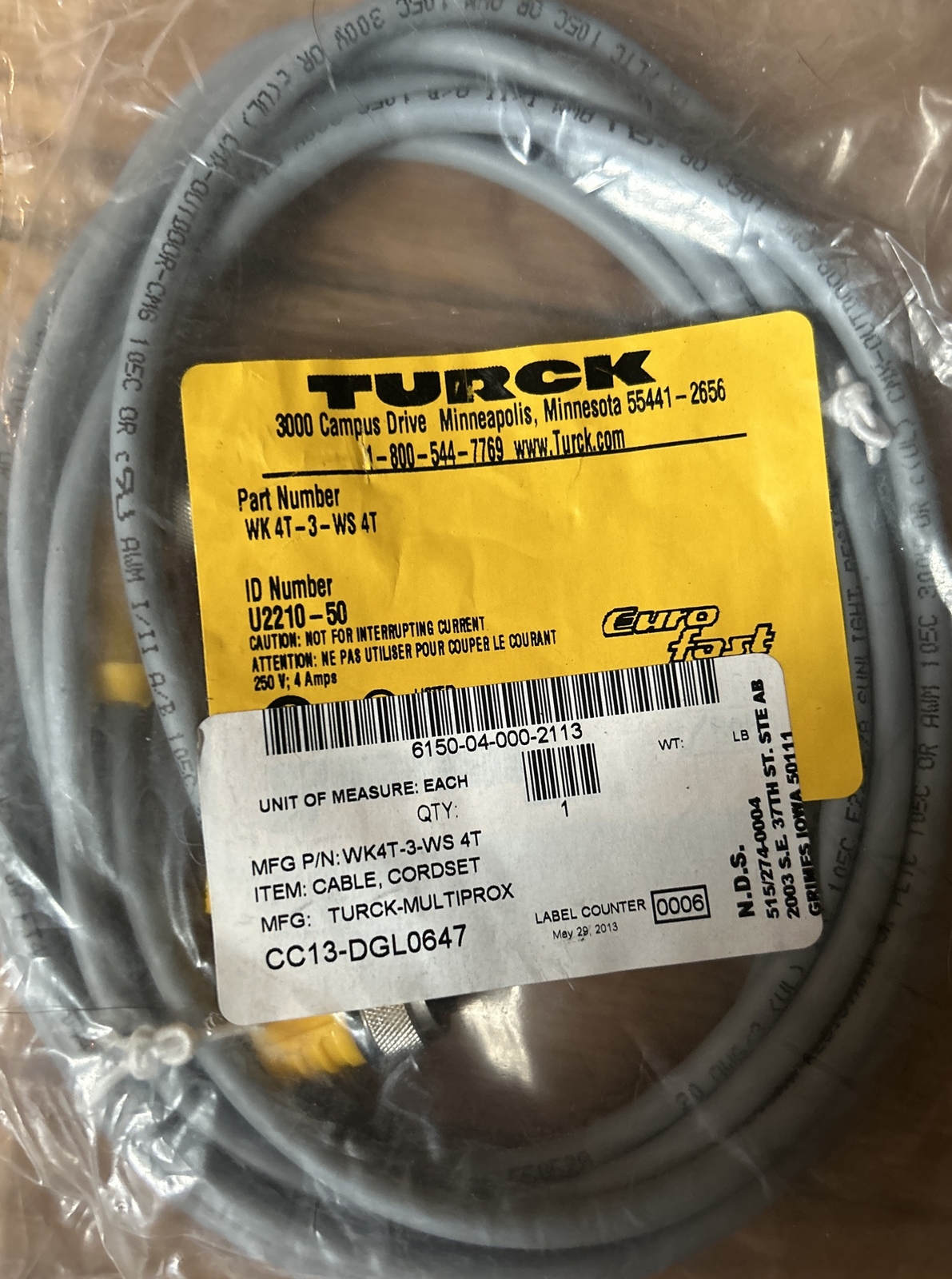 TURCK WK 4T-3-WS 4T Actuator and Sensor Cable, Extension Cable, U2210-50. E2