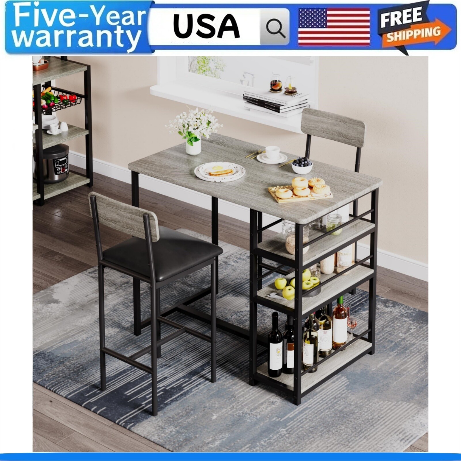 🍎Dining Table Set for 2 Kitchen Table with 2 Upholstered Bar Chairs 3 Storage