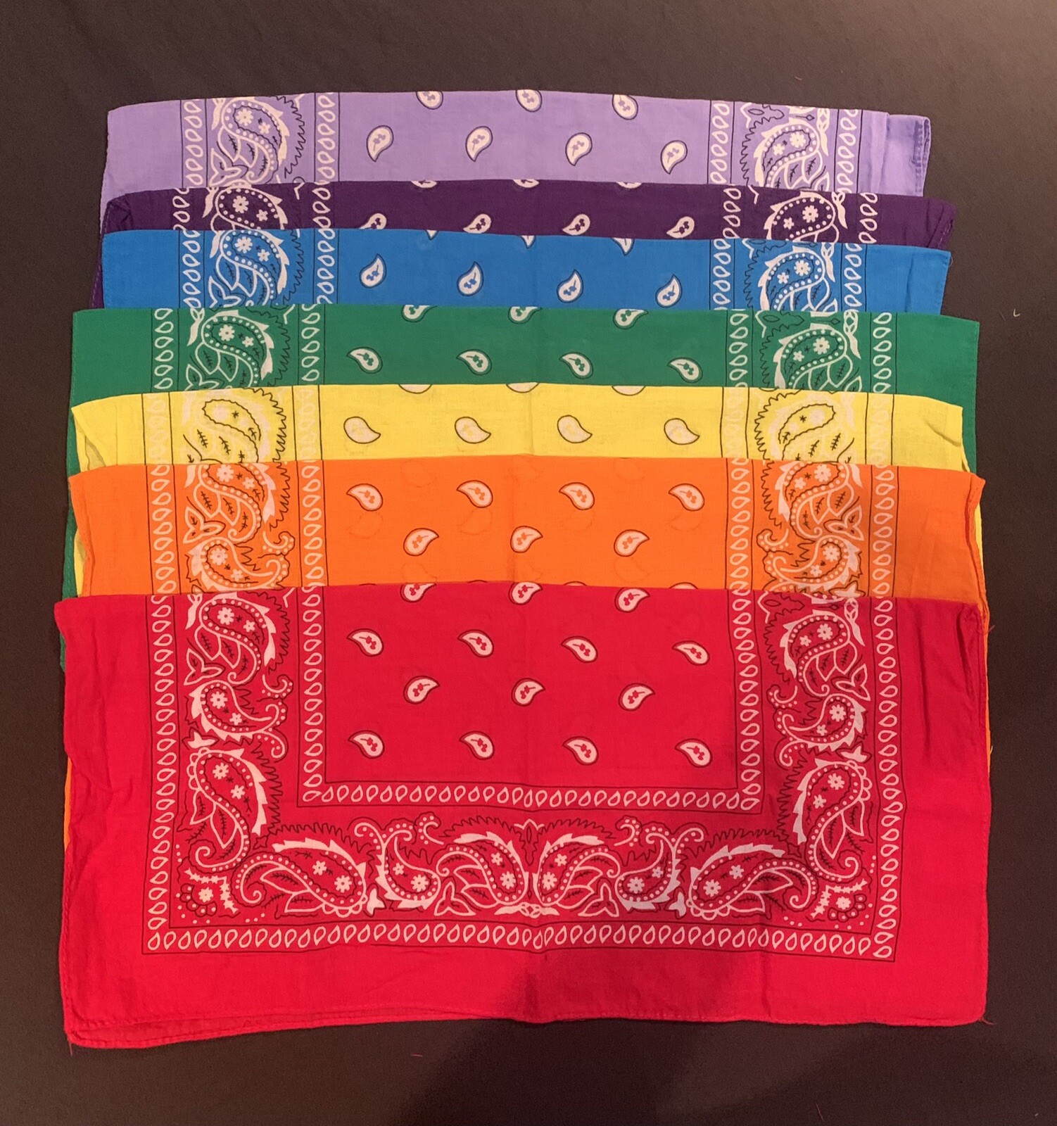 7 Chakra Bandana’s 100% cotton approximately 21x21 inch classic paisley pattern