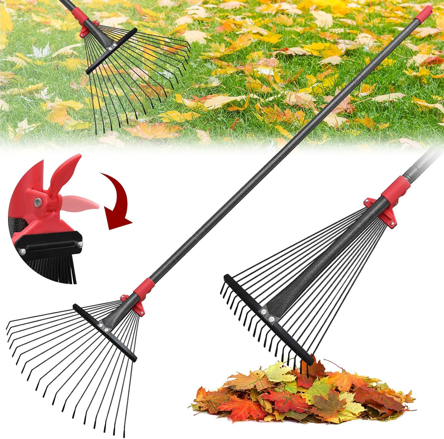 76Inch Adjustable Metal Leaf Rake, 18 Metal Tines Heavy Duty Leaves Rake for Law