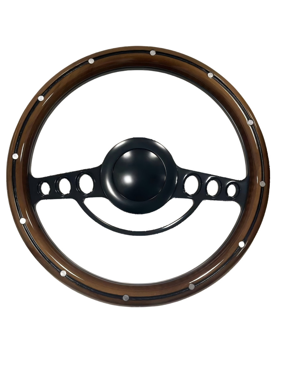 14" Classic Wooden Grain Steering Wheel & Black Billet Spoke 9 Hole Bolt Hot Rod