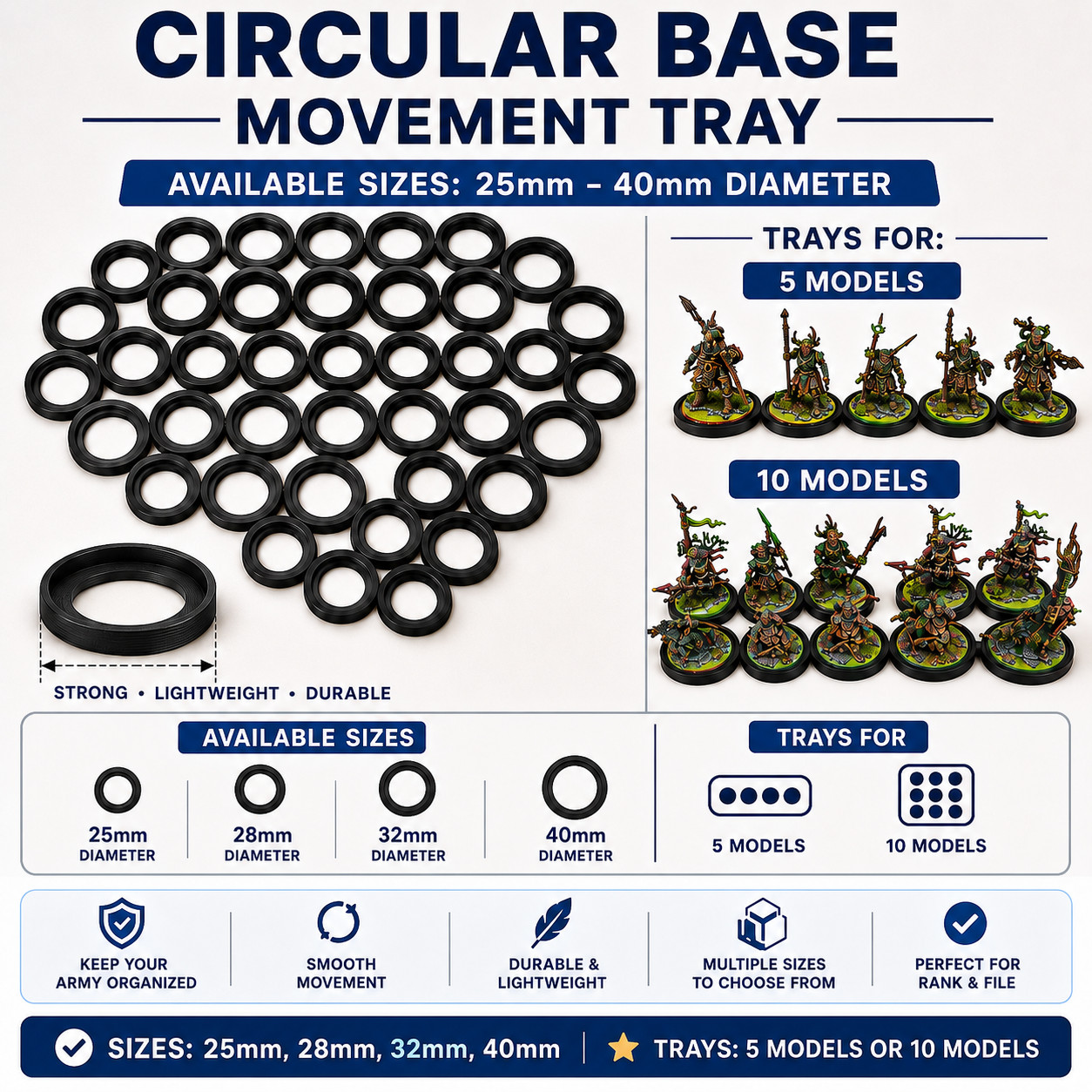 Movement Trays 25mm 28mm 32mm 40mm Tabletop Warhammer 40k Age of Sigmar Saga etc