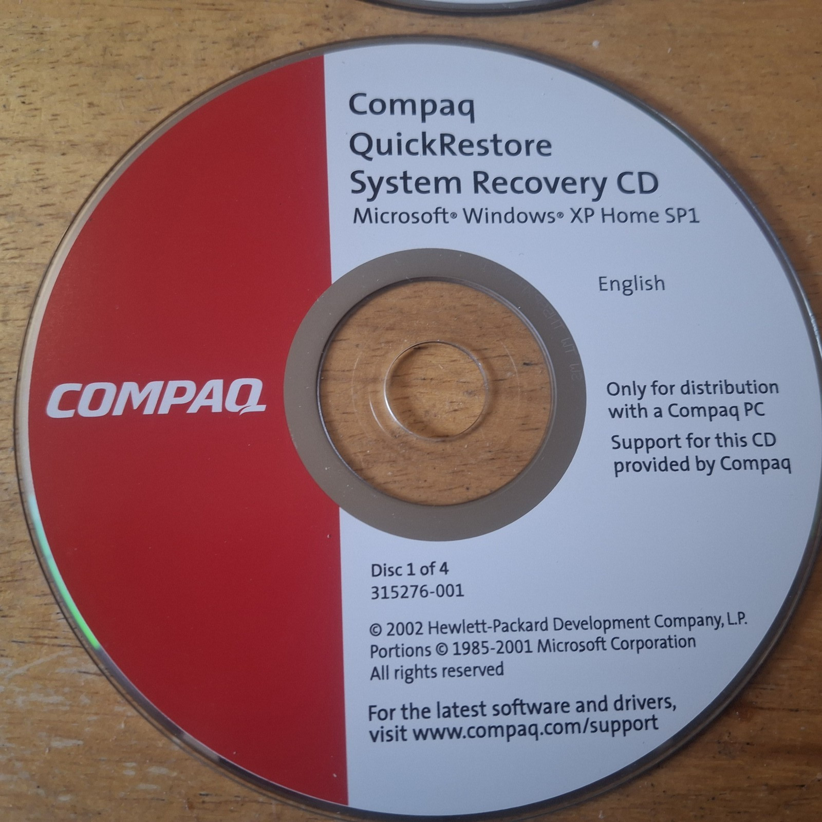 COMPAQ QUICKRESTORE SYSTEM RECOVERY DISC CD XP HOME SP1