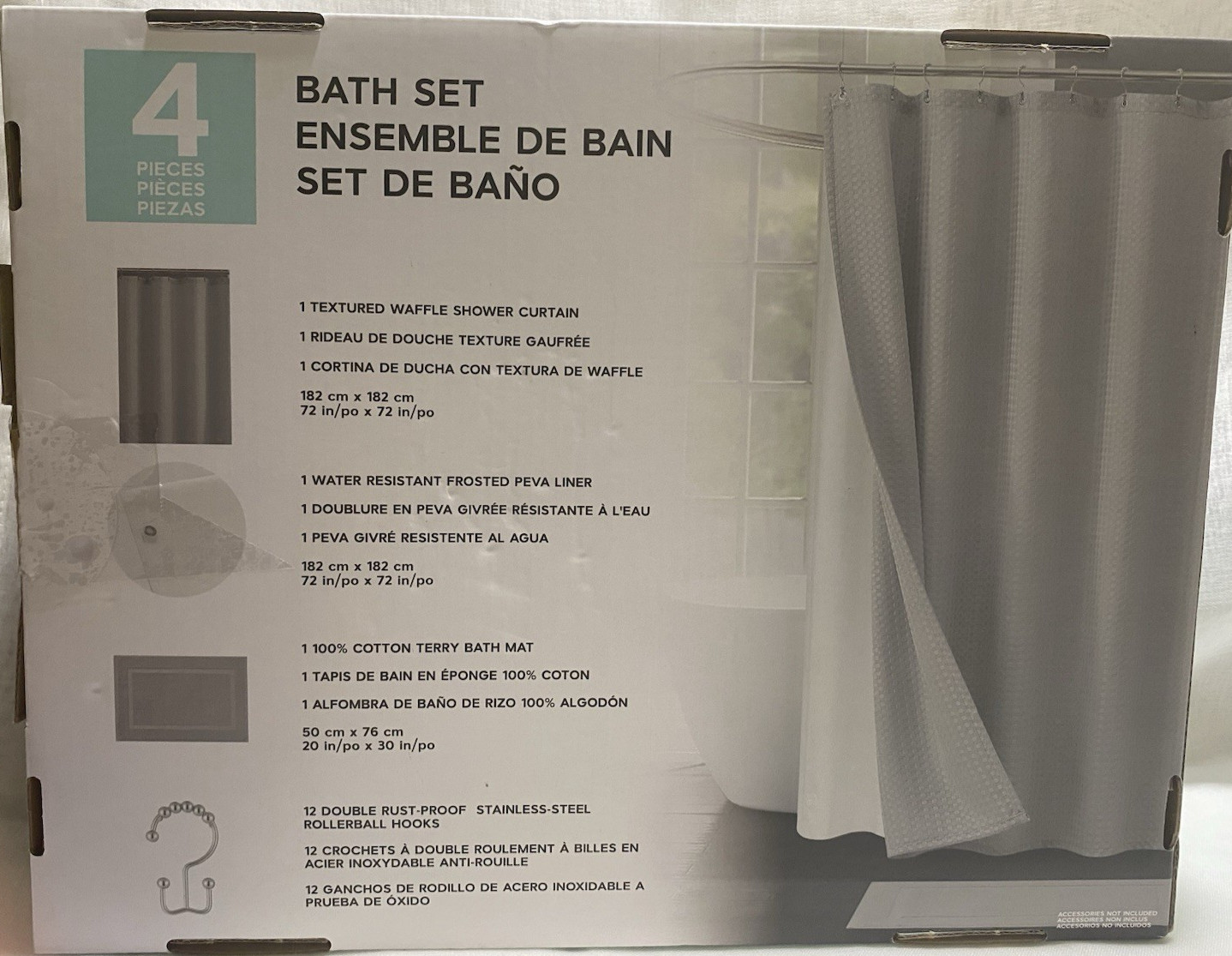 Shower Curtain 4 pc set-Waffle Textured curtain, Liner, Hooks, & Bath Mat - Gray