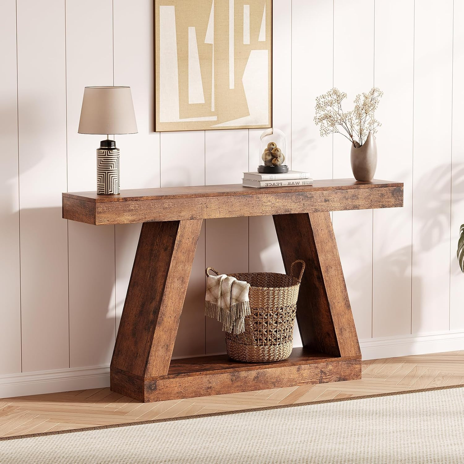 Farmhouse Console Table, 2-Tier Trapezium Sofa Table with Open Storage Shelf, 55