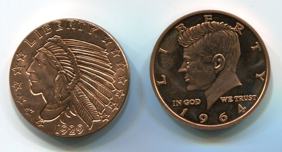 1964 Kennedy Half Dollar & 1929 Native American Indian - 1 oz .999 Copper Rounds