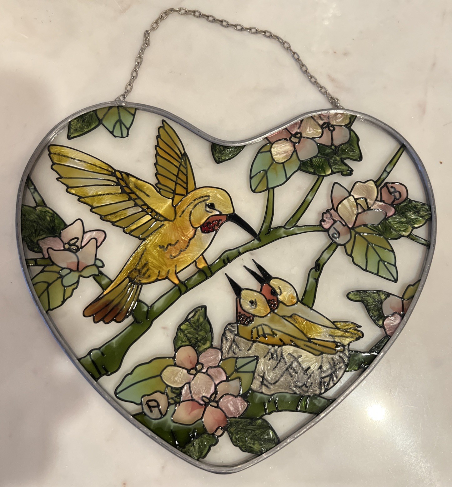 Heart Shaped Hand Painted Glass Suncatcher With Yellow Birds & Flowers Chain EUC
