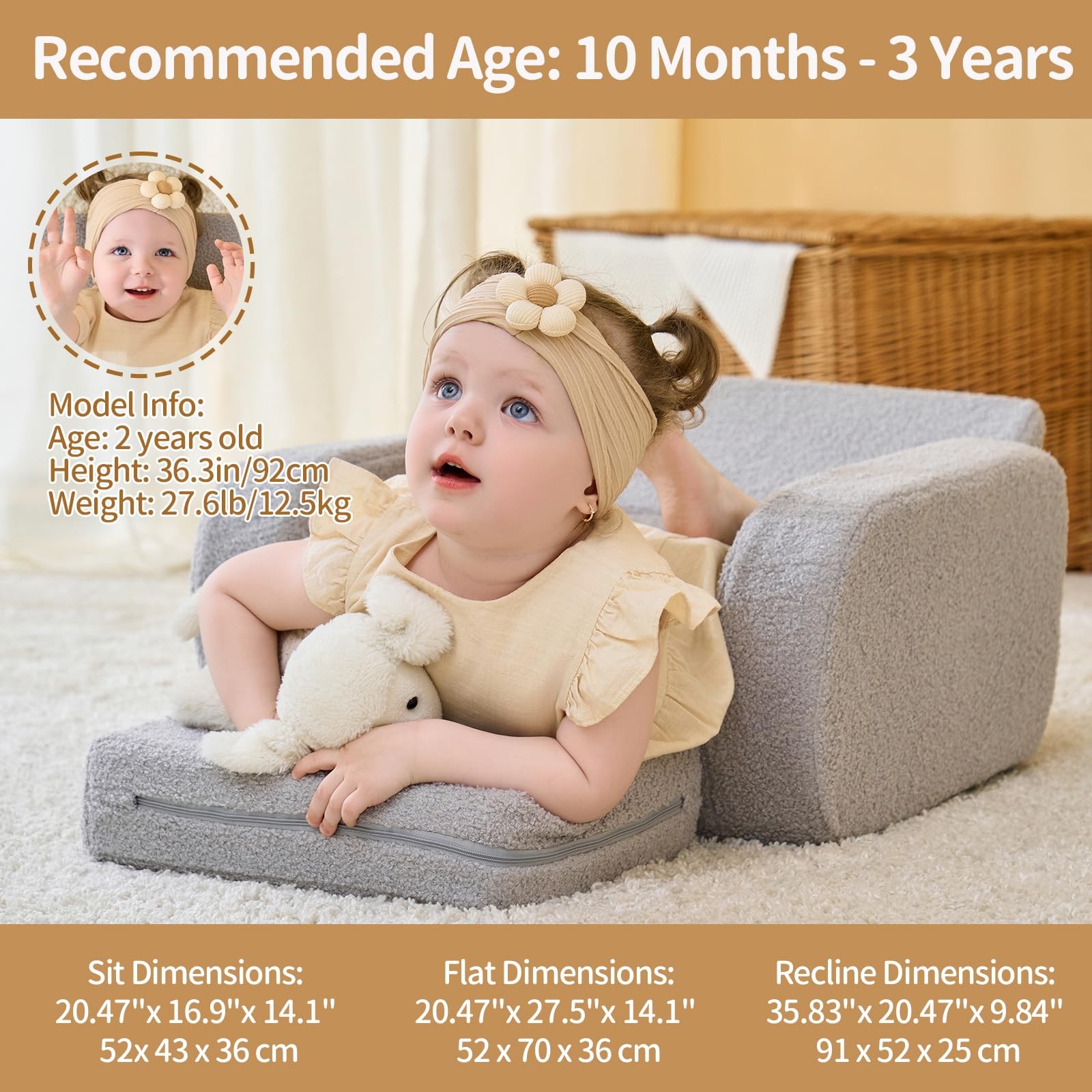 KidBloom 3-in-1 Toddler Couch, Toddler Chairs Comfy 1-3 Years Old, Kids Couch...