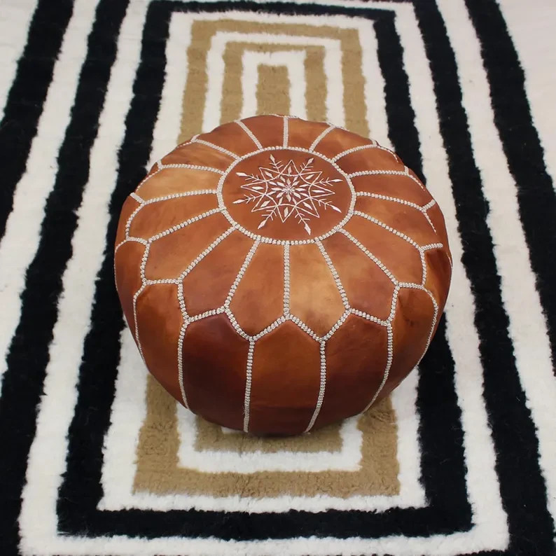 24” Moroccan Leather Pouf Ottoman Brown Genuine Boho Footstool Home Décor New