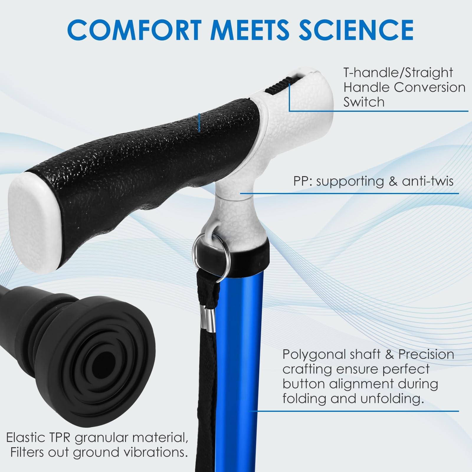 WLKPAL Adjustable & One-Button Folding Walking Cane for Large, Nautical Blue