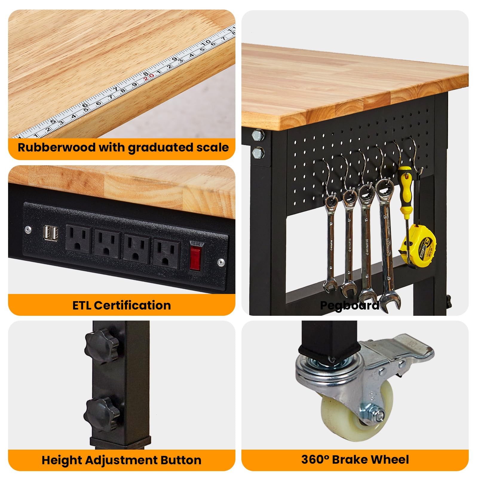 60" Adjustable Workbench Garage Work Table w/ Power Outlet, Wheels & Pegboard