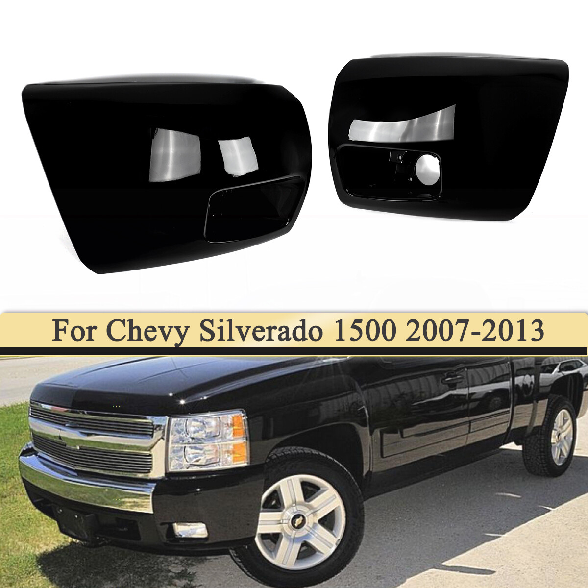 Gloss Black Front Bumper End Caps w/ Fog Light Hole For Silverado 1500 2007-2013