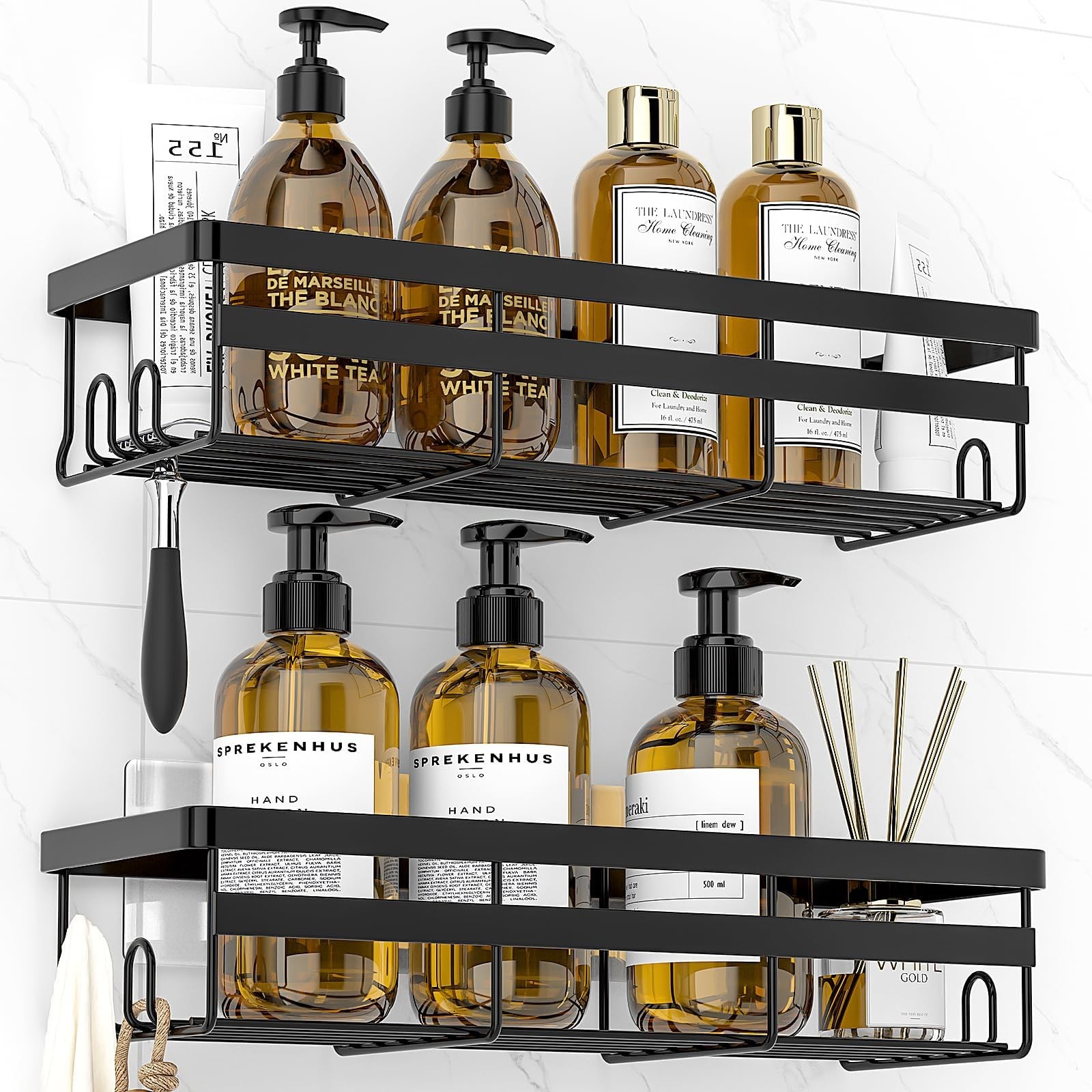 WOWBOX Shower Caddies 2 Pack - Adhesive Hanging Shelf - Large, Black