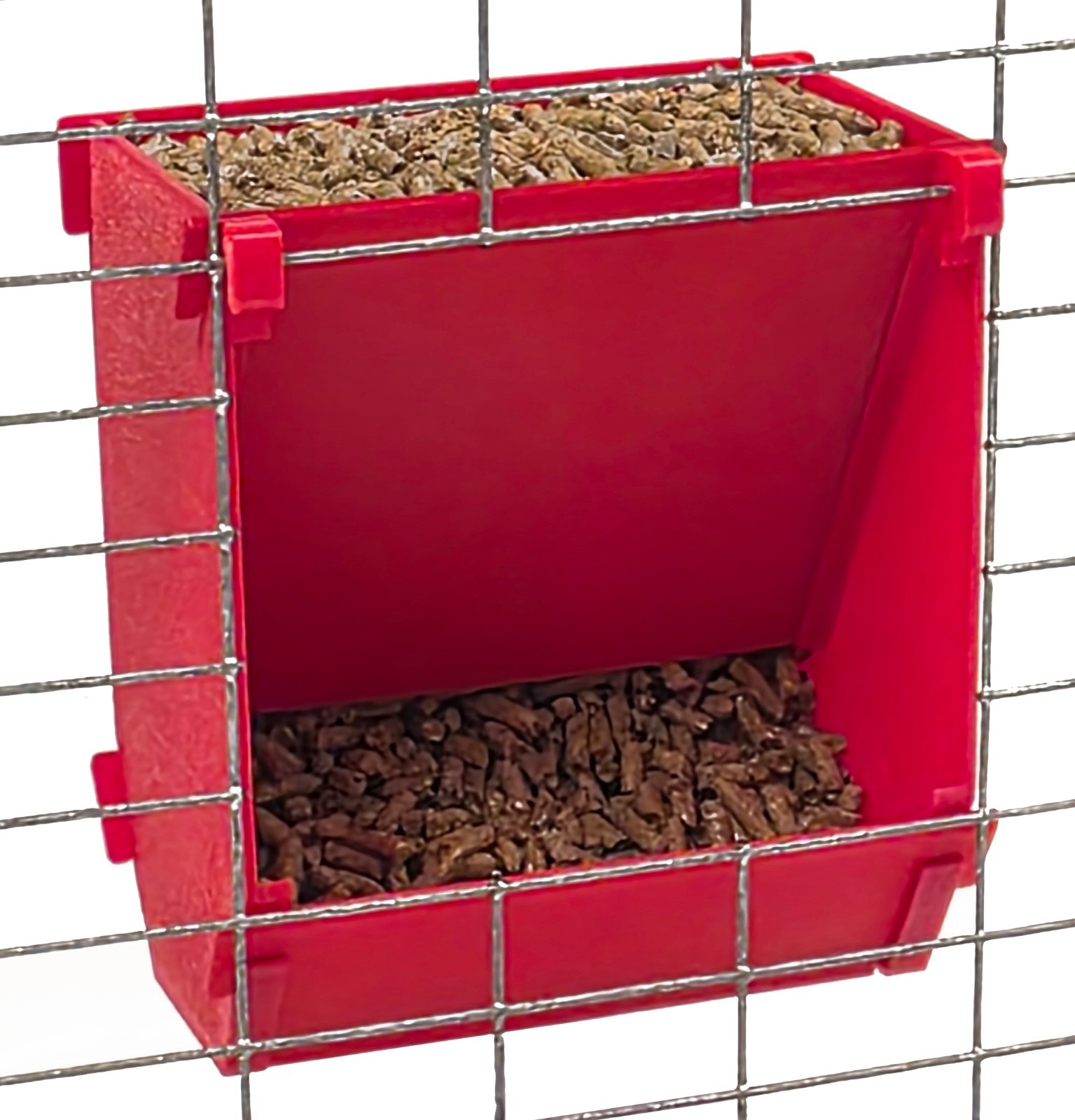 Red USA Made 6-Inch Cage Hanging Rabbit Feeder with ID Tag for Rabbit Pellets