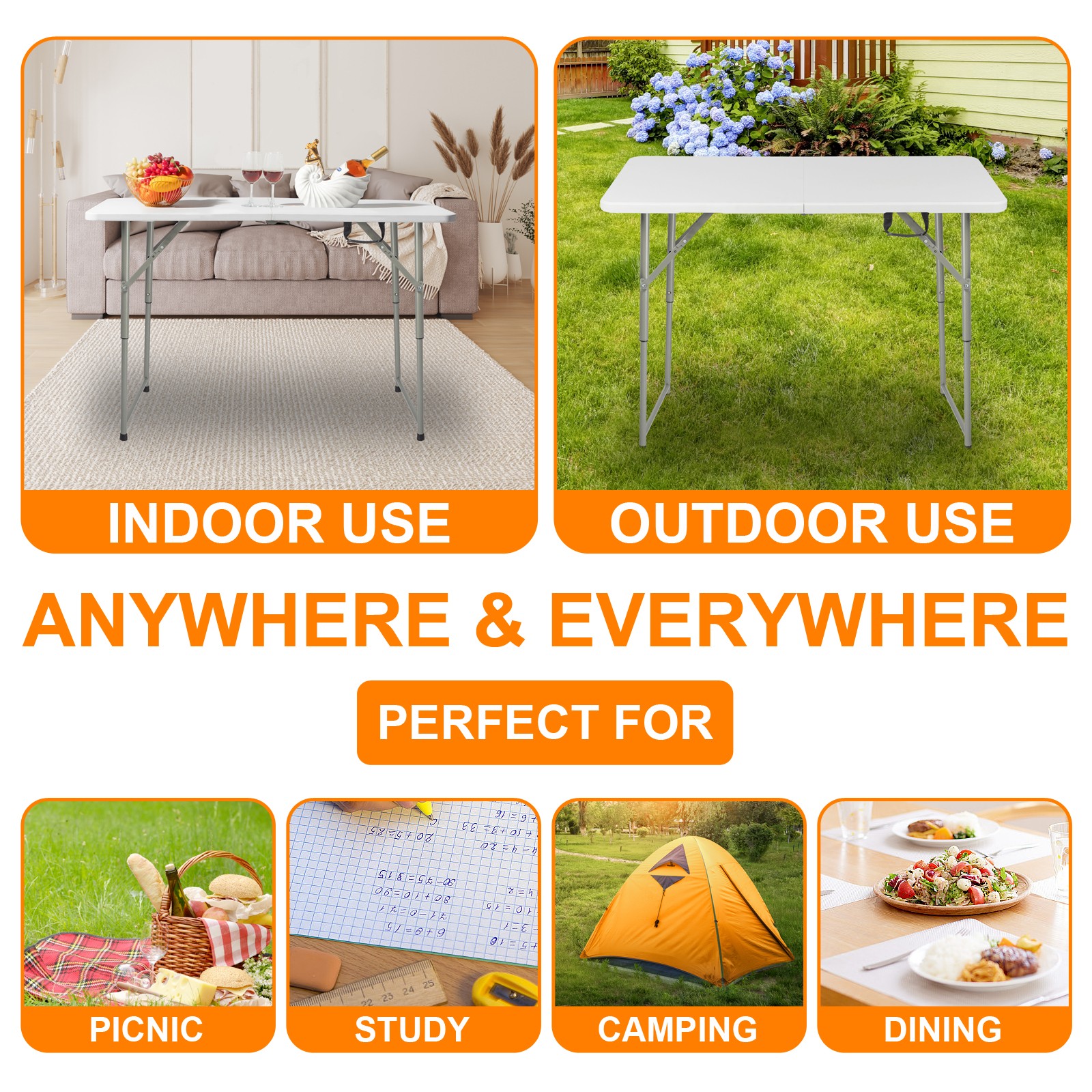 4' Heavy Duty Plastic Folding Table Center Fold Height Adjustable Indoor Outdoor