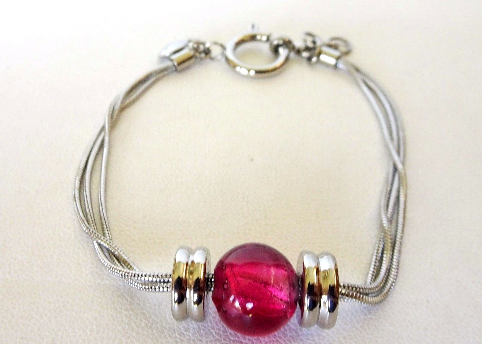 Women’s Stainless Steel & Rose Color Glass Bead Toggle Bracelet 8 Inches Long