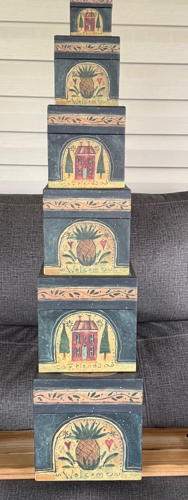 Primative Stacking Boxes (7), Welcome Friends by R.A. Lang Card Co