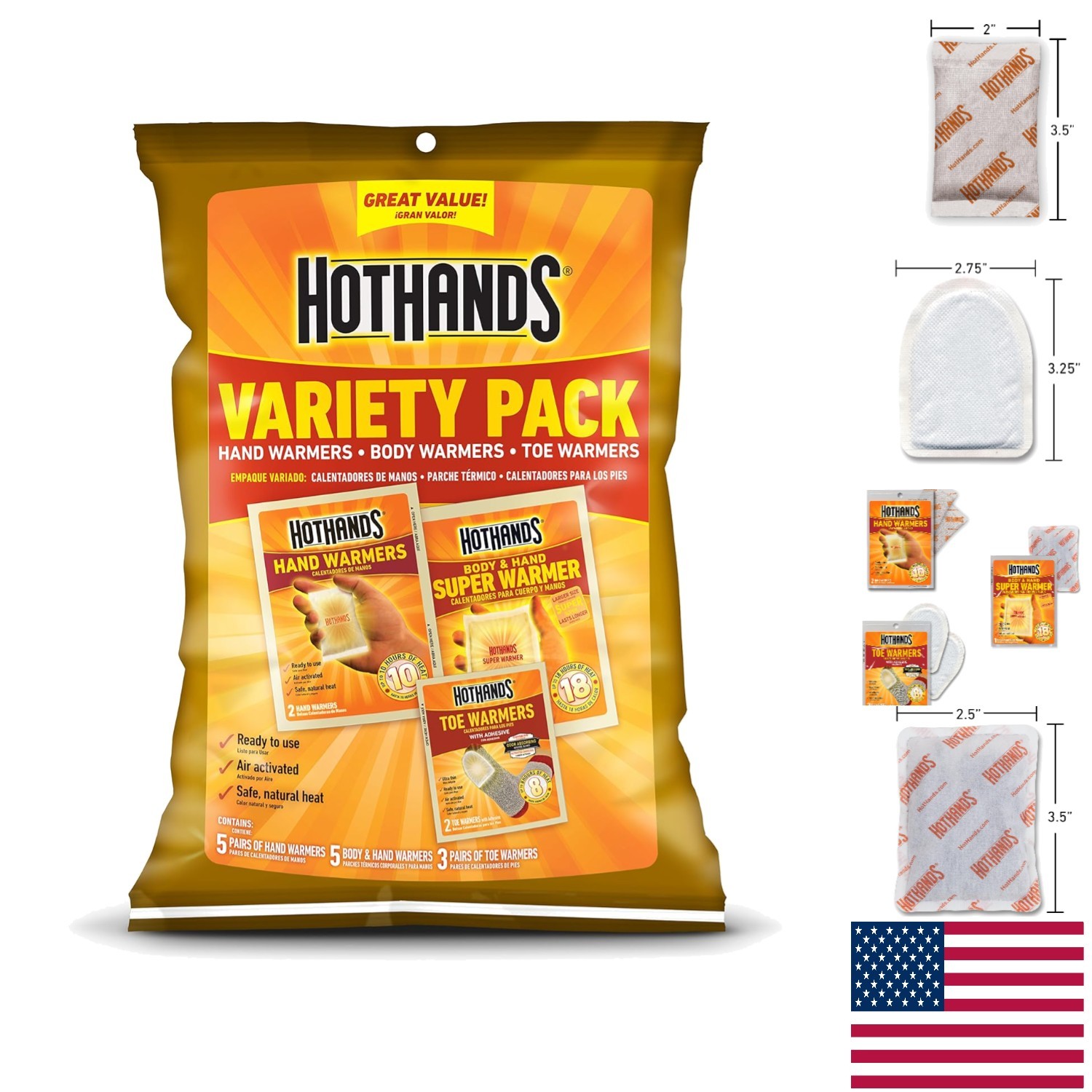 Toe, Hand & Body Warmer Variety Pack - Natural Air-Activated Heat for Outdoors
