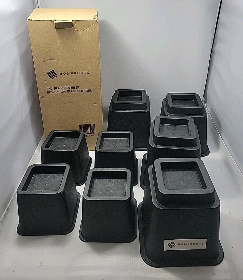 8 Piece Black Furniture Bed Risers 1100lb Capacity 4 Small/Large Heavy Duty New