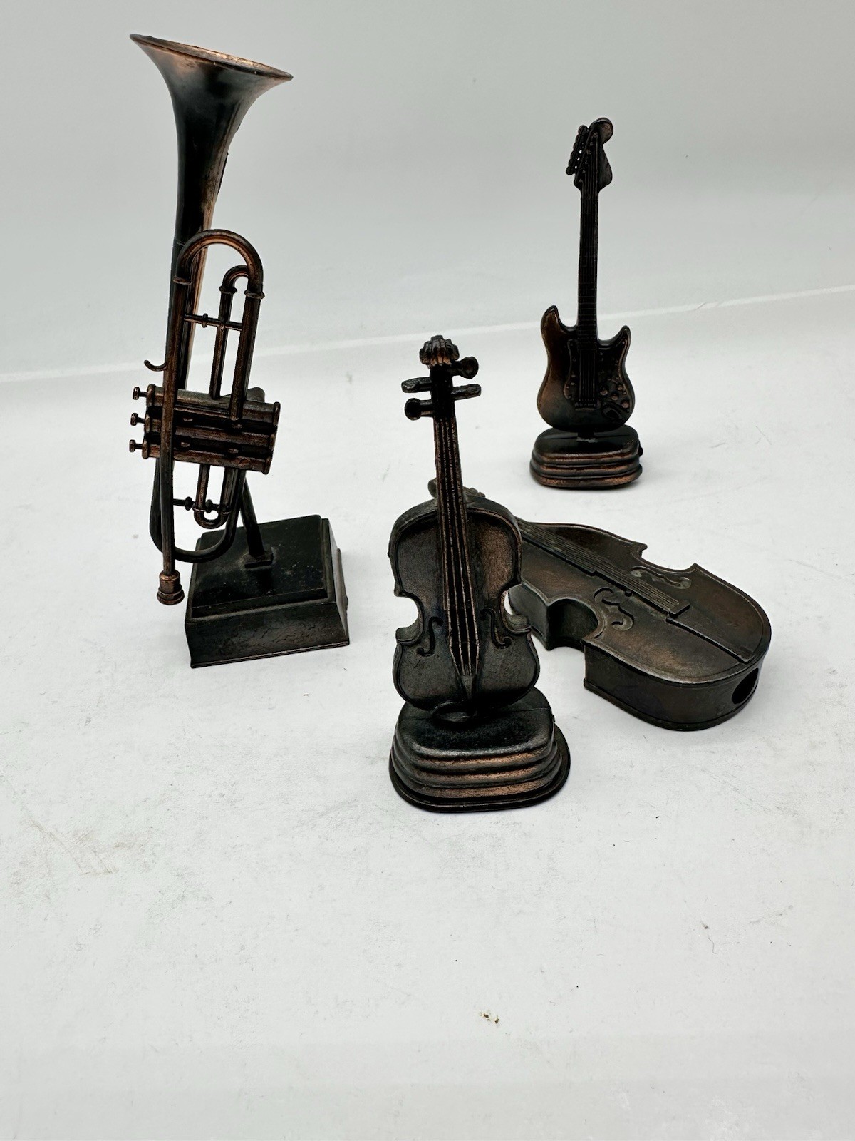 4 Vintage Metal Die cast Pencil Sharpeners Cello, Guitar, Trumpet Bass READ