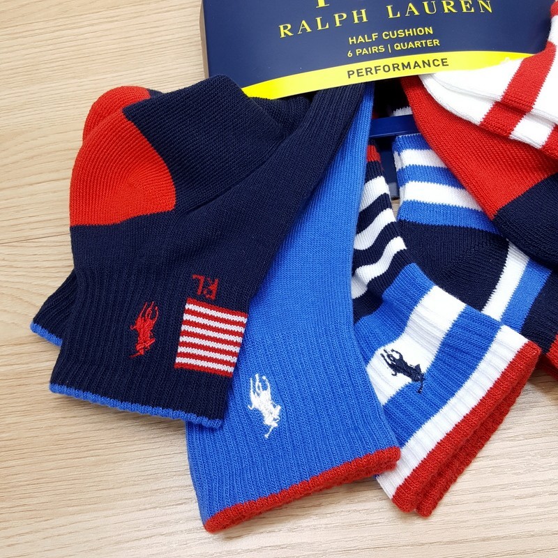 POLO RALPH LAUREN Quarter Ankle Socks Mens Red White Blue USA 6-Pack Performance