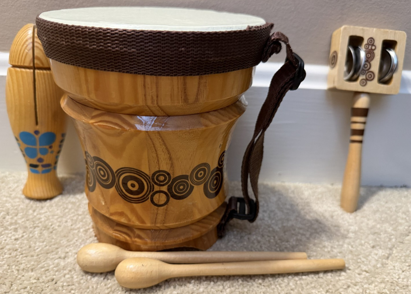 Mini djembe Wooden Bongo Drum First Act Handcrafted Strap + Guiro +Jingle Stick
