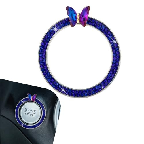 Bling Car Engine Start Stop Decoration Ring, Sparkling Butterfly Push dark blue