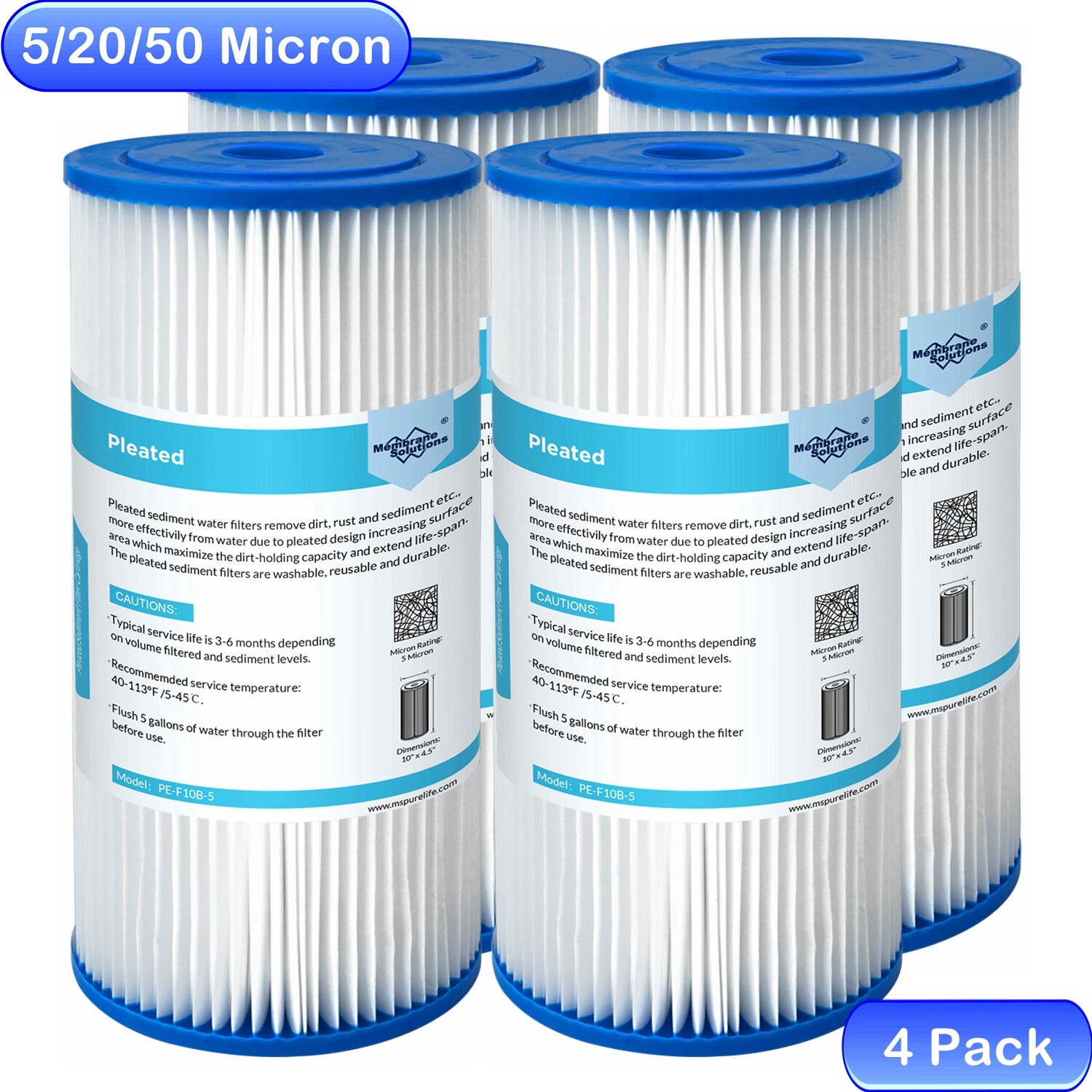 4 Pack 10" x 4.5" Pleated Sediment Water Filter for Big Blue Whole House System