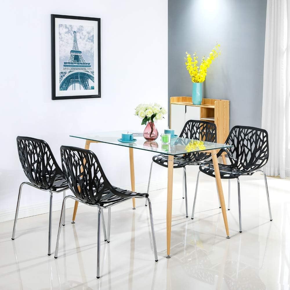 Modern Stackable Dining Chair Set of 4, Black, Plastic Birch Sapling Chairs for
