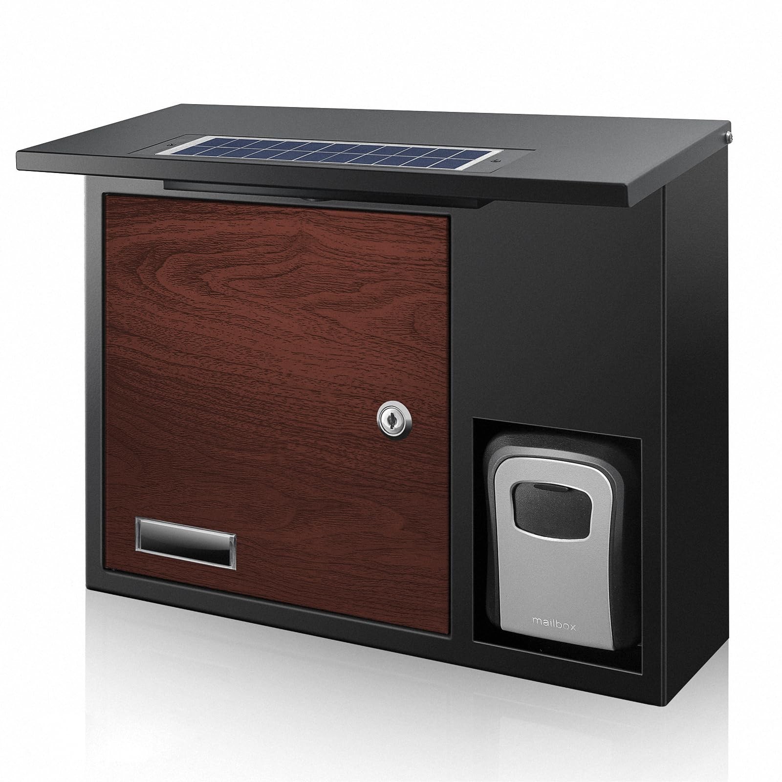 Solar Mailbox Wall-Mount Key Drop Box LED Lighting Lock Mail Box Brown