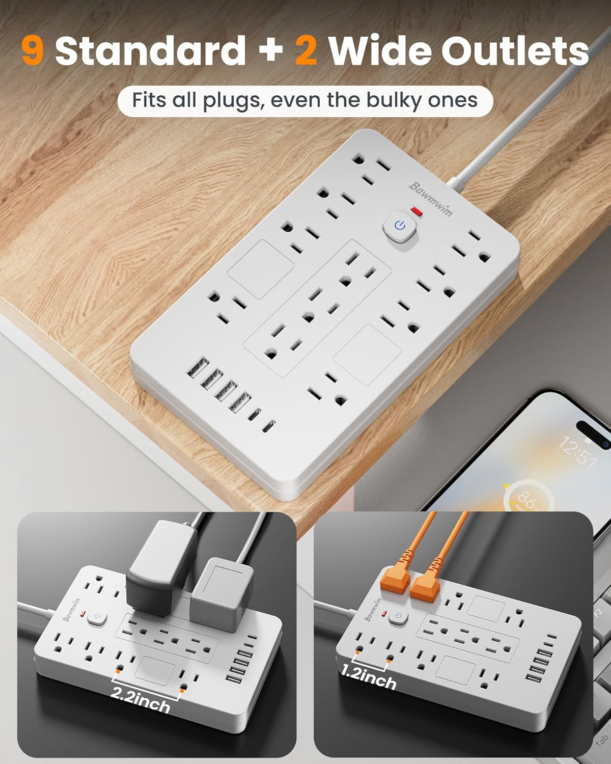 Surge Protector Power Strip - 11 Outlets(1850W/15A) with 6 USB Ports(2 USB C), 1