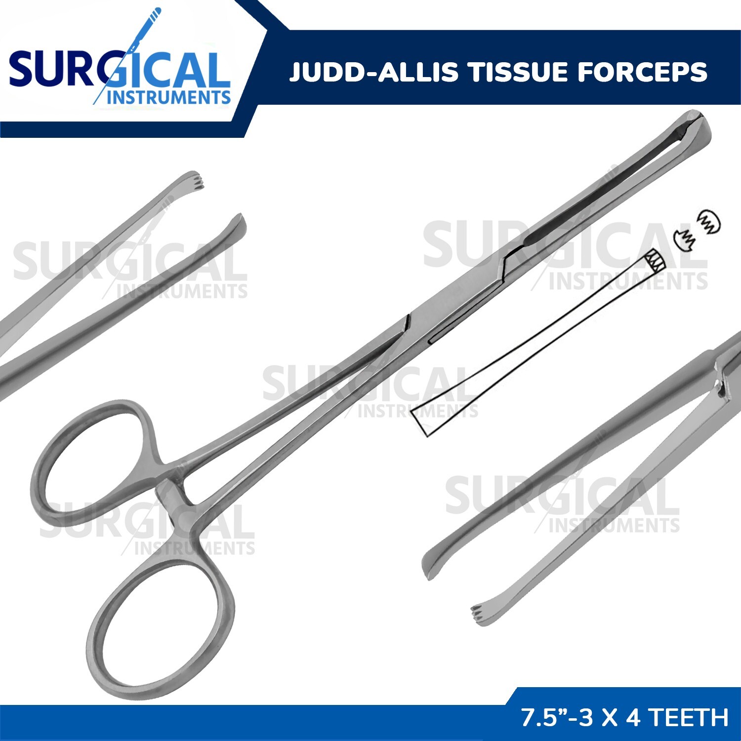 Judd Allis Intestinal Tissue Forceps 7.5" with 3 X 4 Teeth Stainless German Gr