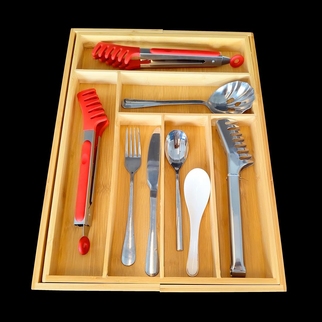 Adjustable Bamboo Drawer Organizer, Expandable Silverware Natural