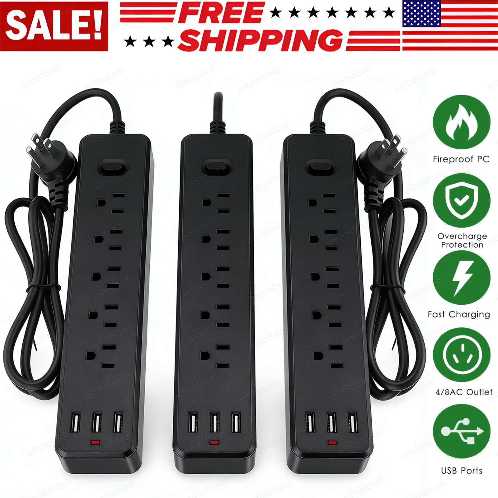 Wall Mountable USB Surge Protector Power Strip with USB Ports Muiti Outlet Plugs