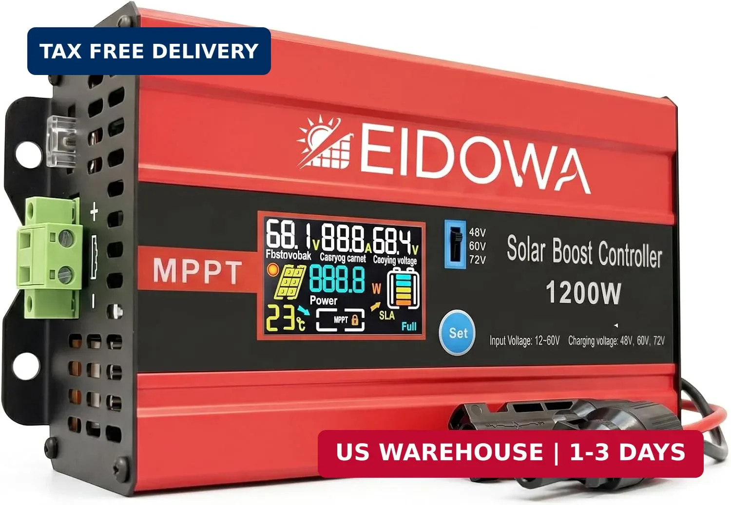 1200W MPPT Solar Boost Controller for 48V/60V/72V Golf Cart RV, Red | 30A Max In