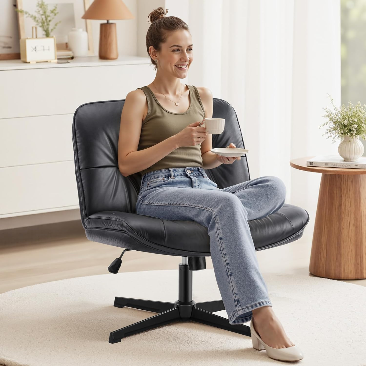 Armless Criss Cross Office Chair Wide PU Leather Swivel Black No Wheels