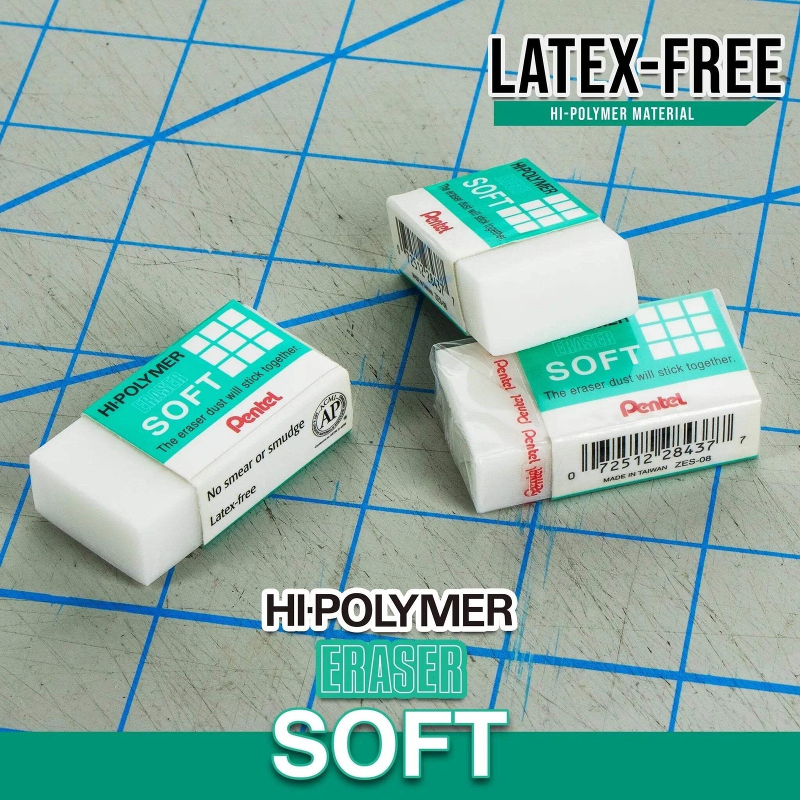 Pentel Hi-Polymer SOFT Eraser, 6-Pk