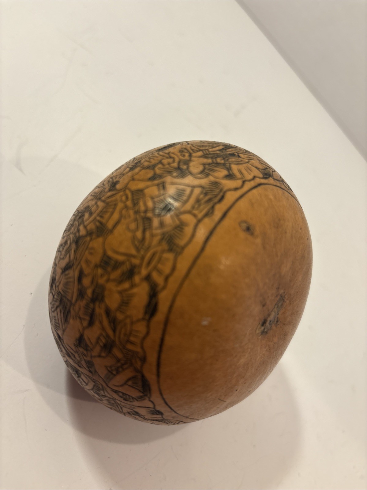 Vintage Peruvian Hand Carved Etched Gourd Folk Art Rattle
