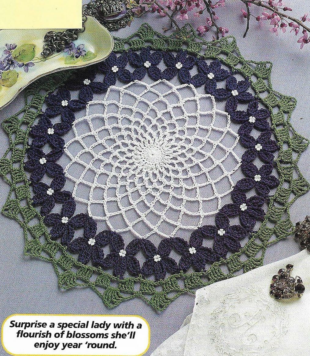 SPRING VIOLETS DOILY 11 1/2" HOME DECOR DIGEST SIZE CROCHET PATTERN INSTRUCTIONS