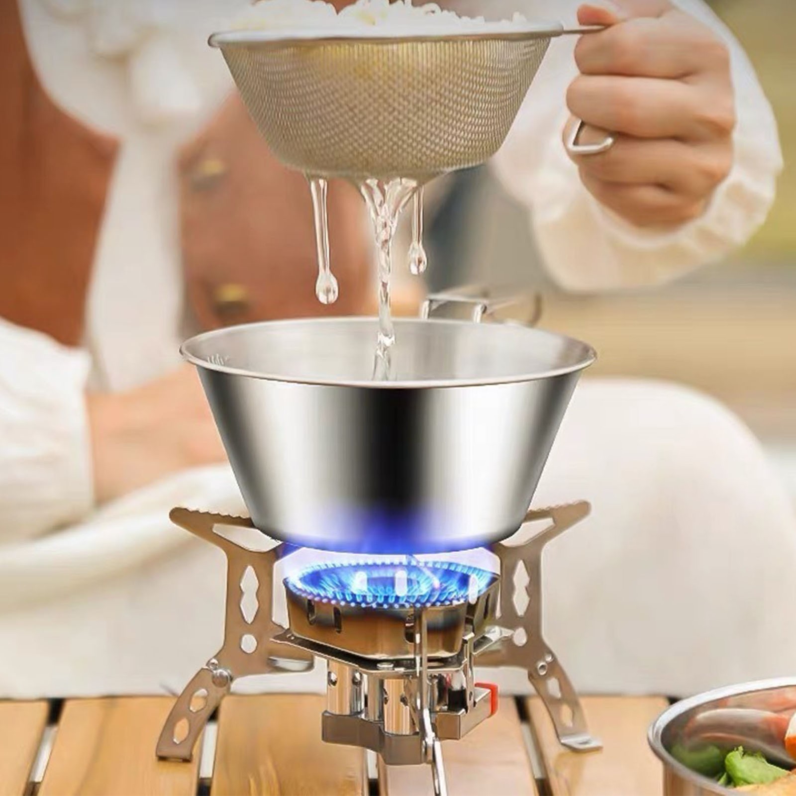 Stainless Steel Bowl with Folding Handle Food Water Bowl Portable Flatware