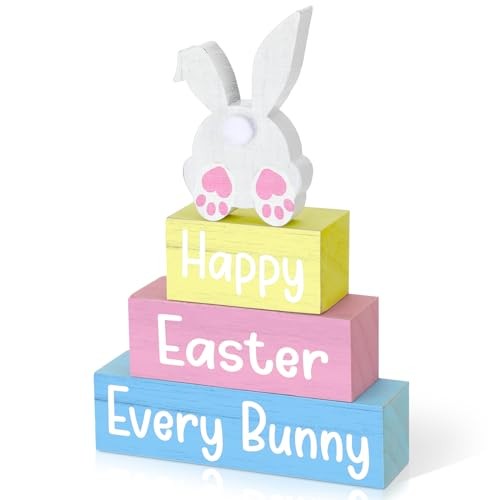 4 Pcs Easter Table Decoration Happy Easter Every Wooden Block Sign Pastel Bunny