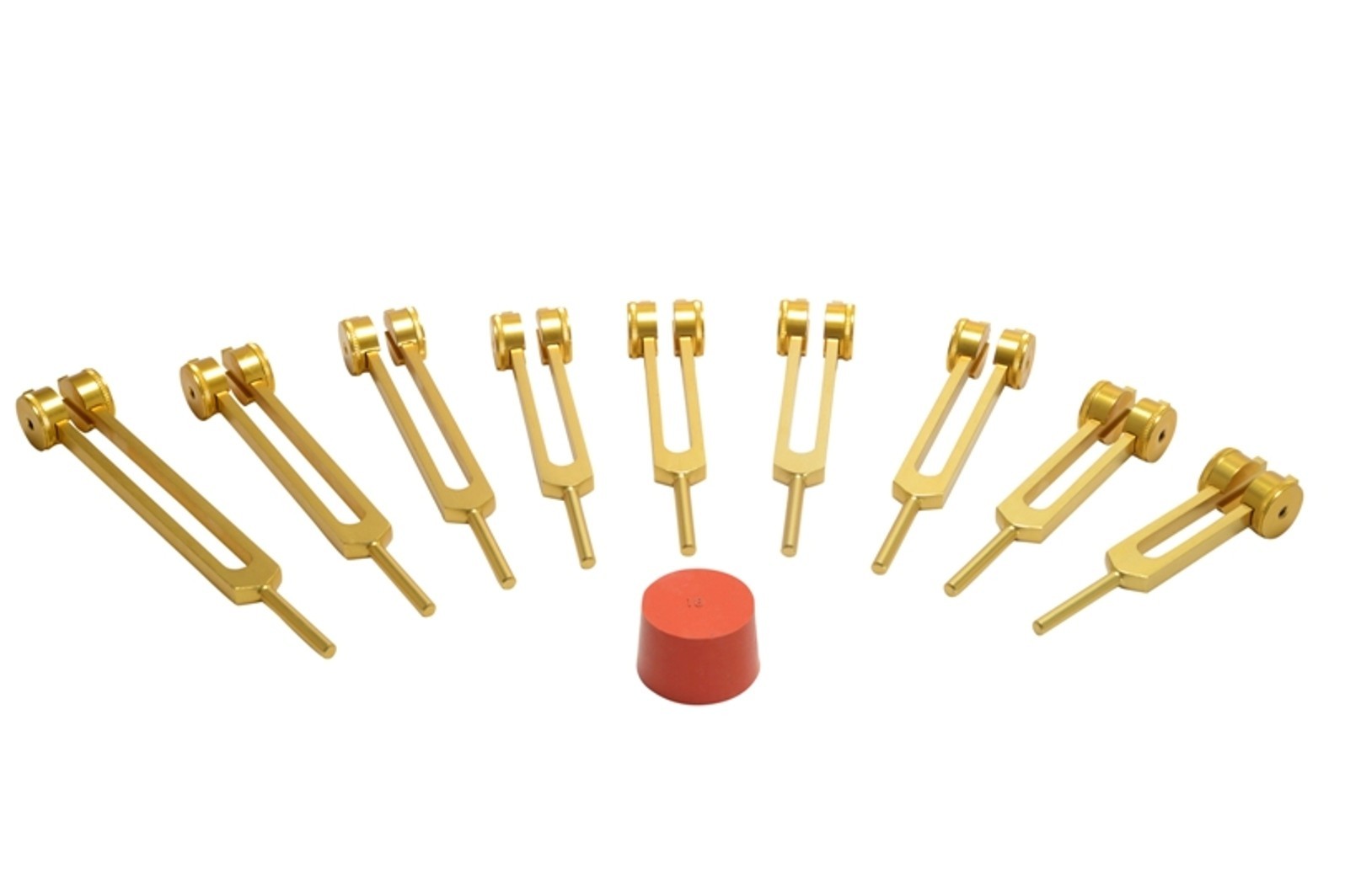 Gold Finish 9 Pc Sacred Solfeggio Weighted Tuning Fork Set With Activator