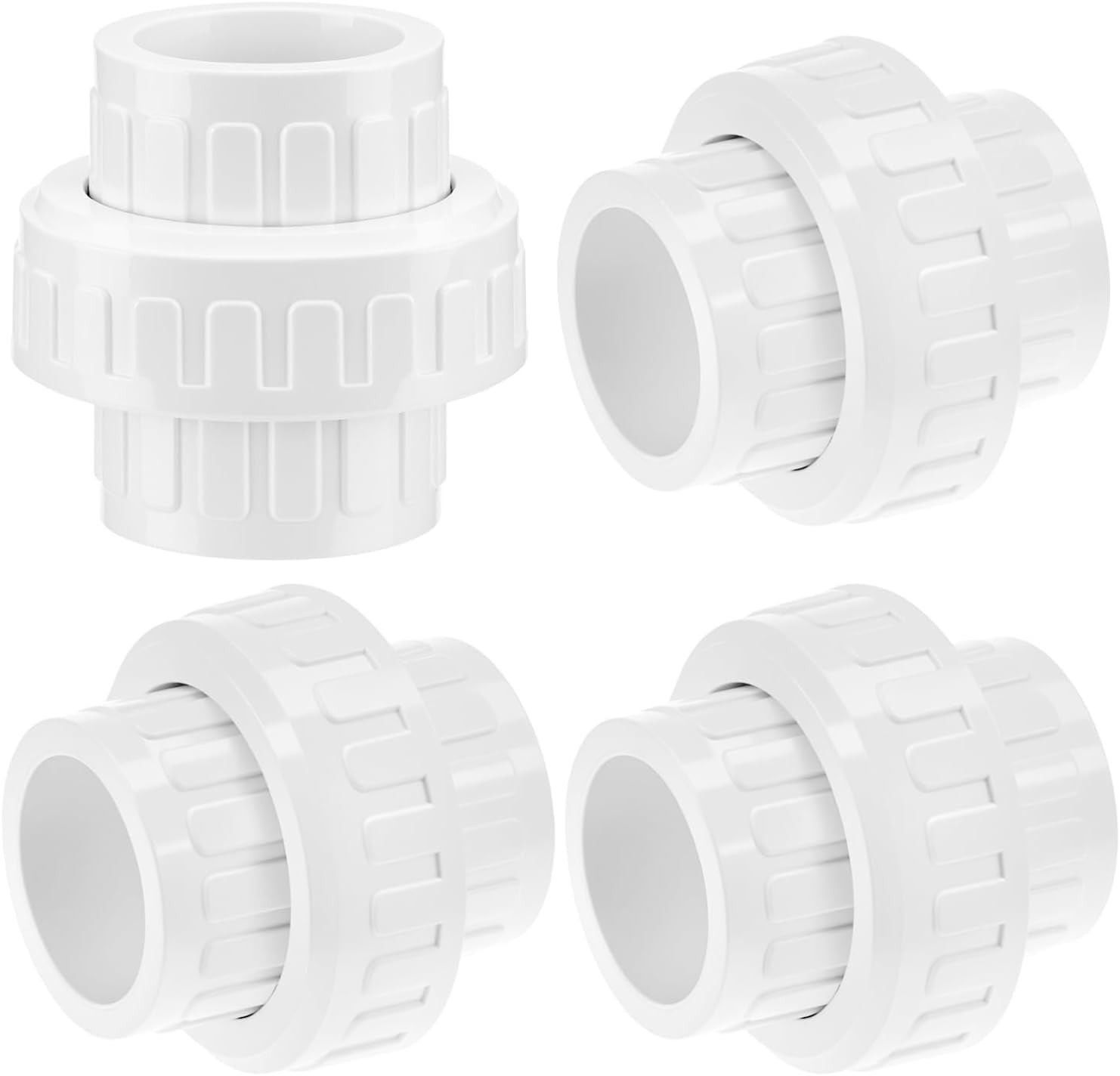 1-1/2” PVC Union Coupling Socket x Socket Slip EPDM O-Ring 4 Pack Fittings White