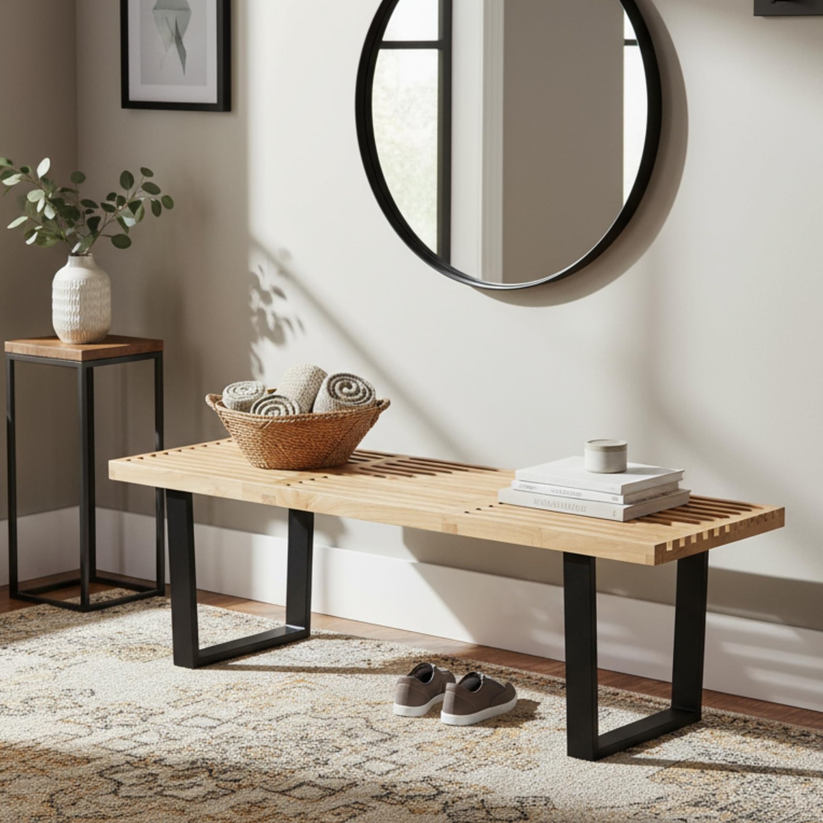 55 Natural Wood Slat Dining Bench Black Metal Legs Skeleton Seat Modern Indoor