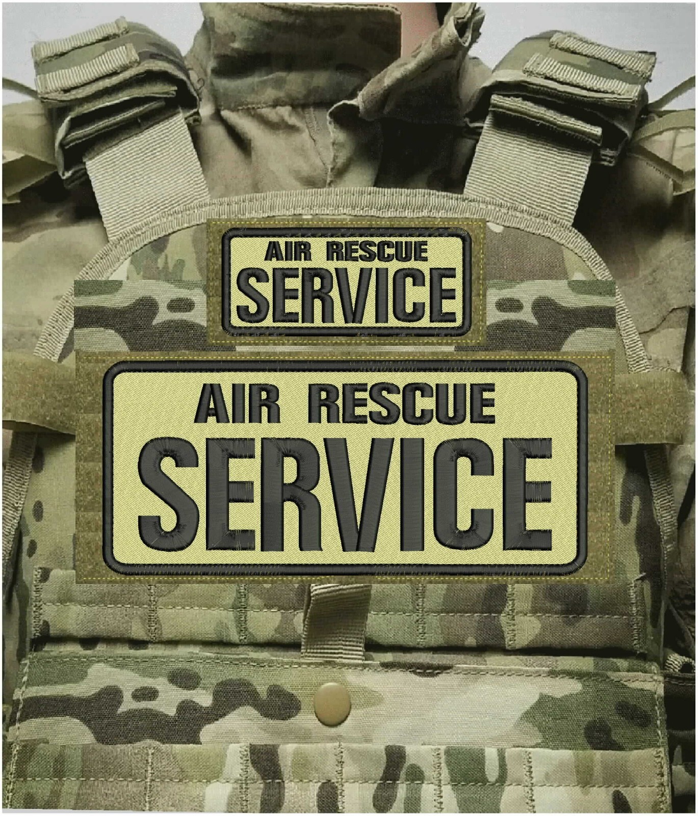 AIR RESCUE SERVICE EMB PATCHES 4X10 AND 2X5 HOOK ON BACK  BLACK ON TAN