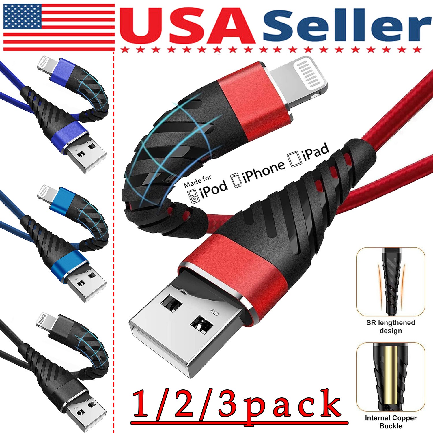 3/6/10ft Fast Charger USB Cable For iPhone 6 7 8Plus iPhone XR Xs Max 11 12 13