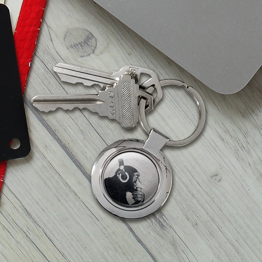 Headphone Chimp Monkey Wall Classy Round Chrome Plated Metal Keychain