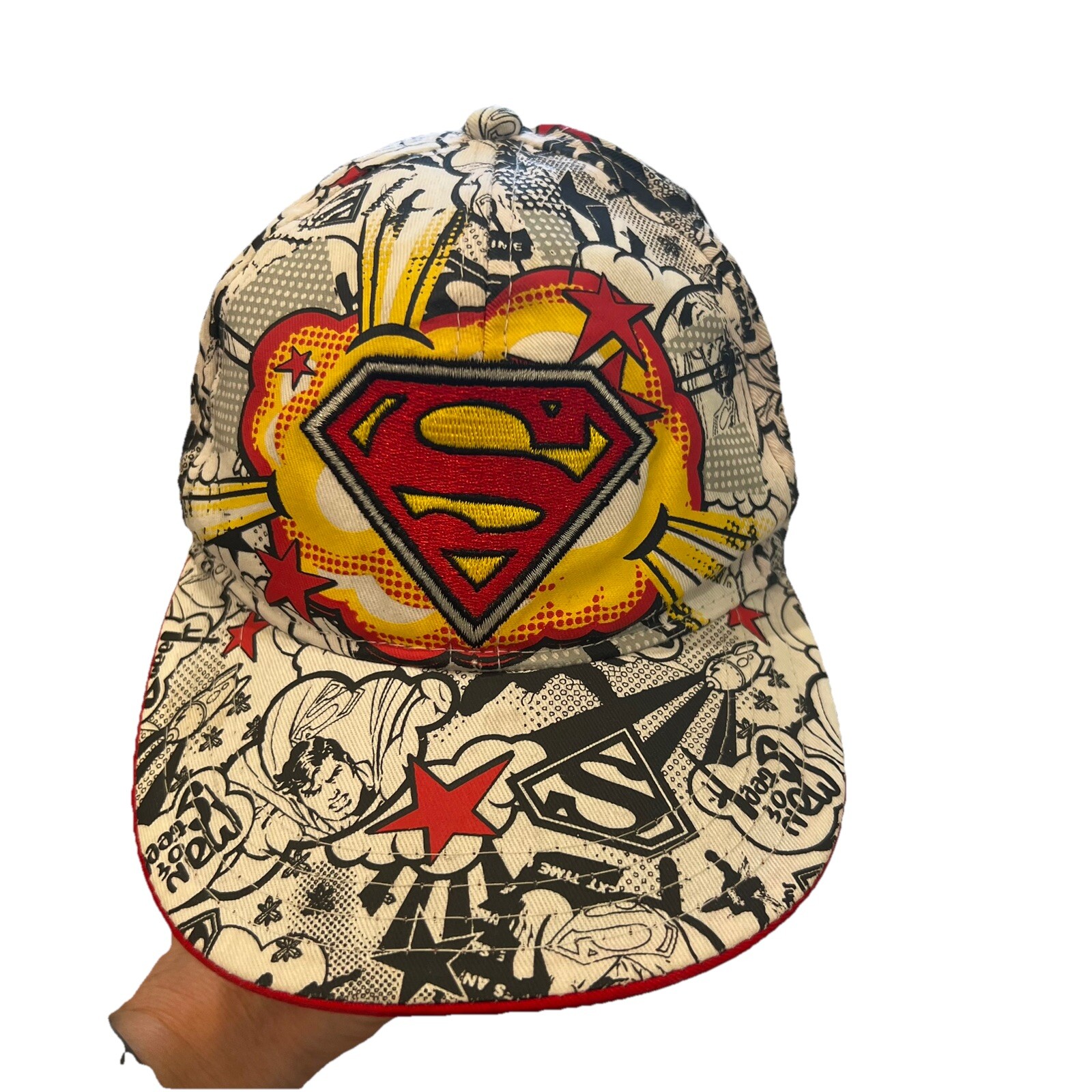 Superman Logo and Graphic Black on White w Red Yellow Hat Cap SnapBack EUC