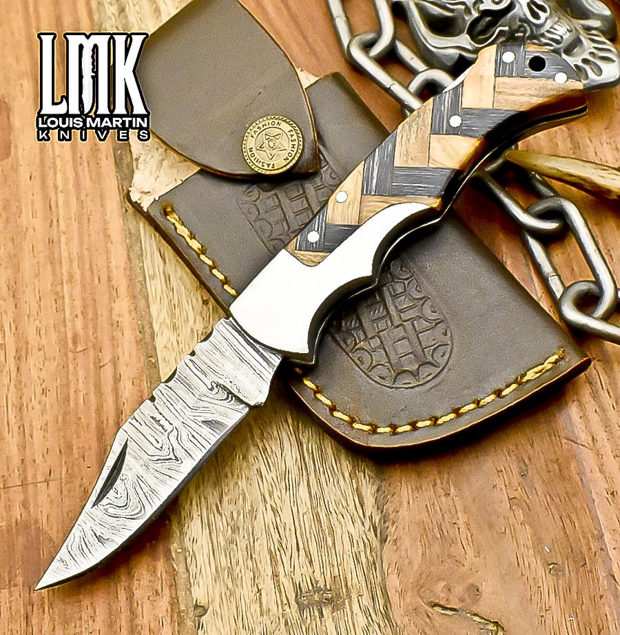 LMK Forged Twist Damascus Folding Knife Hard Wood Back Lock Gift Bushcraft